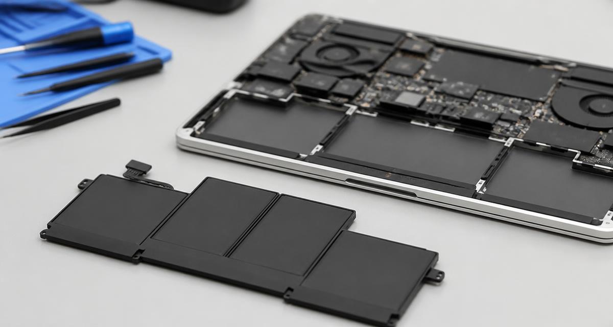 Batería de laptop retirada junto al equipo abierto en una mesa de servicio técnico