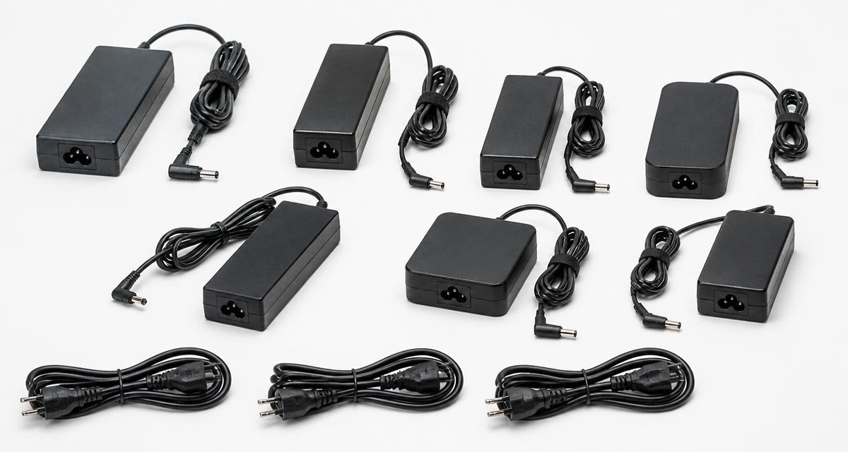 Varios cargadores de laptop con sus cables acomodados sobre una superficie blanca