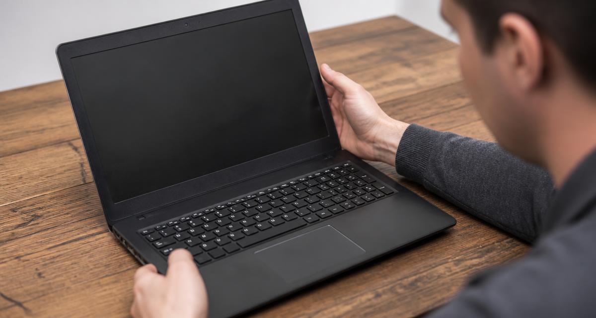 Persona revisando la pantalla y el teclado de una laptop usada sobre una mesa de madera
