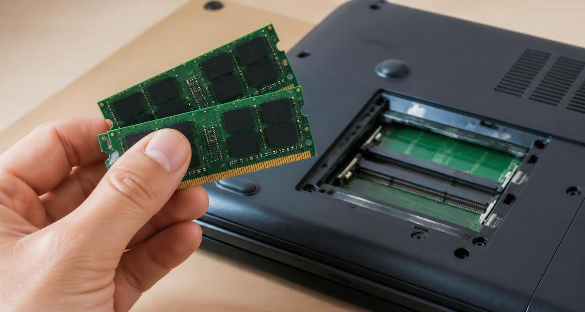 Mano sosteniendo dos módulos de memoria RAM frente a las ranuras abiertas de una laptop