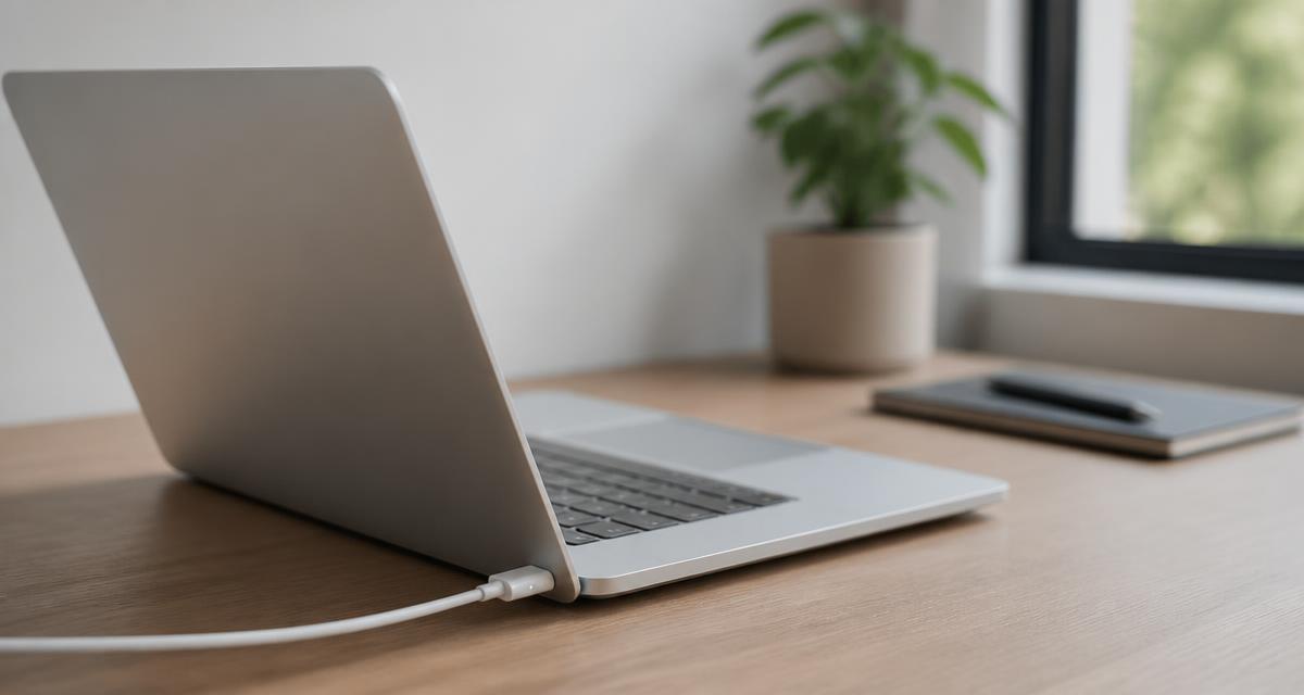 Laptop conectada a su cargador sobre un escritorio de madera con luz natural