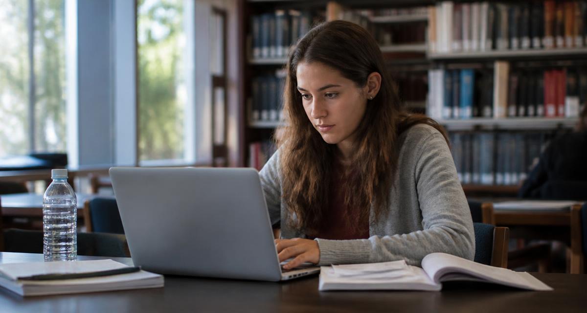 Estudiante universitaria trabajando con su laptop y apuntes en una biblioteca
