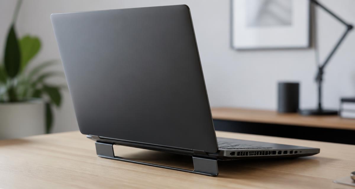 Laptop sobre una base elevadora con la salida de aire lateral despejada en un escritorio