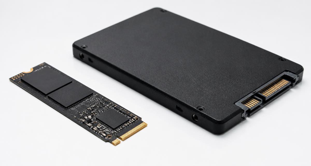 Unidad SSD M.2 junto a un SSD de 2.5 pulgadas sobre fondo blanco